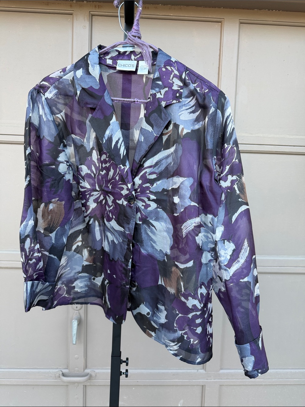 Chico's Purple Floral Sheer Button-Down Shirt